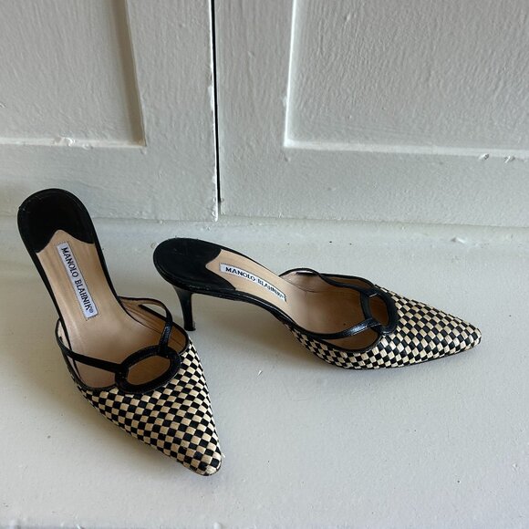 Vintage Woven Brown & Cream Manolo Blahnik Kitten Mules (Sz 38) - Picture 1 of 4